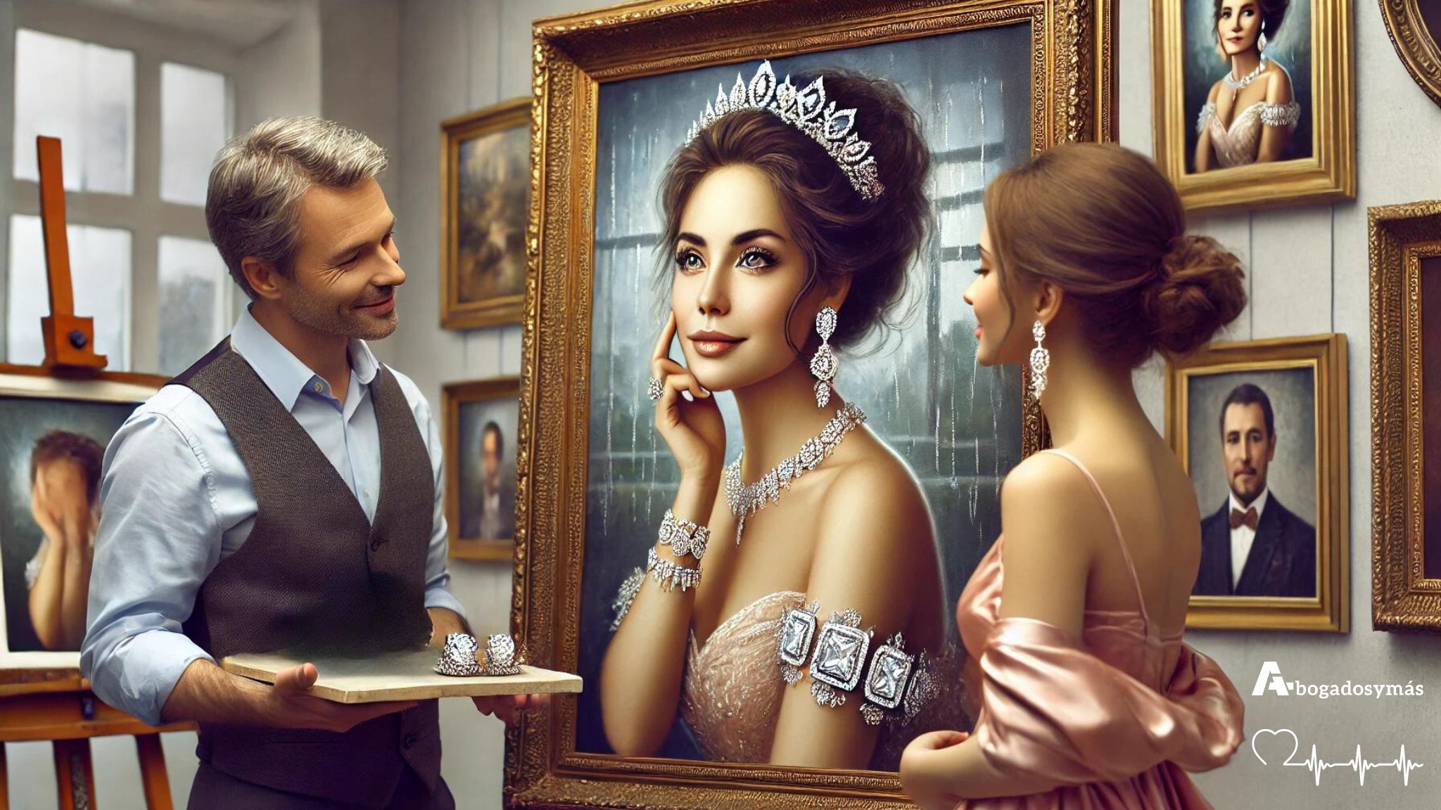 Pintor muestra un retrato de una mujer elegante con joyas a una joven, simbolizando un legado misterioso.